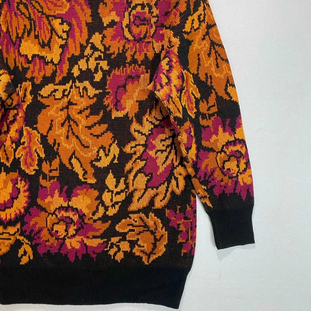 VTG IB Diffusion Floral Knit Sweater Orange Pink Black Women's Size P Fall Winte
